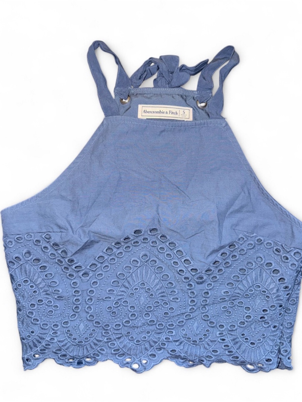 Abercrombie & Fitch Dusty Blue Crochet-Trim Halter Crop Top